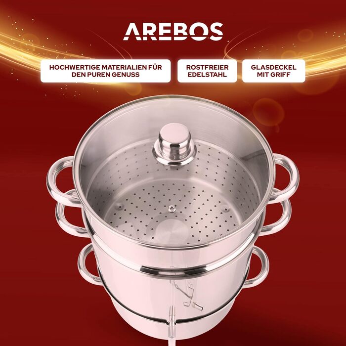 Пароварка-соковарка AREBOS 15 л з нержавіючої сталі для всіх типів плит, включаючи індукцію, діаметр 26 см, можна мити в посудомийній машині