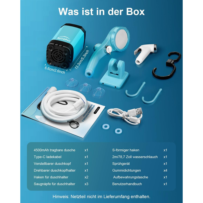 Портативна душова кабіна для кемпінгу AUTOPkio з акумулятором 4500mAh, водонепроникна IPX7, з дисплеєм, для відпочинку на природі, подорожей, миття автомобіля та тварин (блакитна)