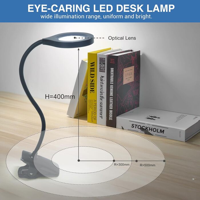 LED лампа для читання Akynite з акумулятором, 5 кольорів та 5 рівнів яскравості, кріпиться на ліжко, дитячий столик, чорна