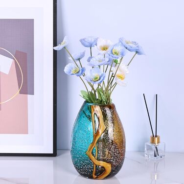 Hand Blown Blue-Green Glass Vase - Murano Style Table Decor for Flowers & Living Room