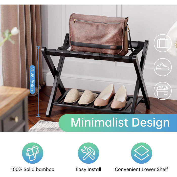 SMIBUY Luggage Rack, Foldable Bamboo Suitcase Stand with Storage Shelves for Guest Room, Bedroom, Hotel, Heavy Duty (Black)