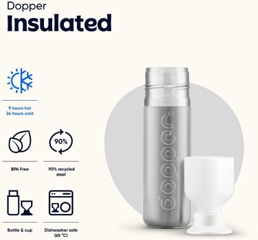 Dopper 580ml Insulated Stainless Steel Thermos Bottle - Leakproof, Keeps Drinks Cold for 24h/Hot for 9h - Thermobecher/Coffee Mug for Water, Tea