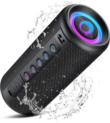 Bluetooth колонка 2026 з RGB підсвіткою, портативна, водонепроникна IPX7, з мікрофоном, для дому, саду та подорожей, чорна