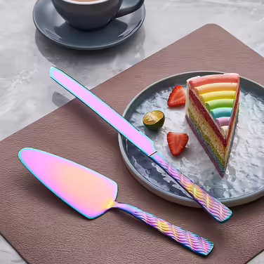 Lila Wedding Cake Knife and Server Set, Stainless Steel Cake Knife Set, Cake Cutter and Cake Server for Wedding, Birthday, Party (Rainbow Cake Knife and Server)