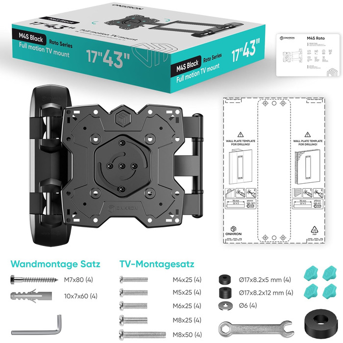 Настінний кріплення для телевізора ONKRON M4SR-B (17-43 дюйми, до 35 кг, VESA 200x200, чорний)