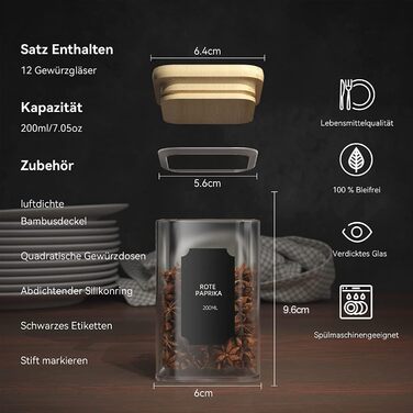 Набір скляних баночок для спецій FINEW, 12 x 200 мл, квадратні, герметичні контейнери з бамбуковими кришками, етикетки та маркер, органайзер для зберігання спецій