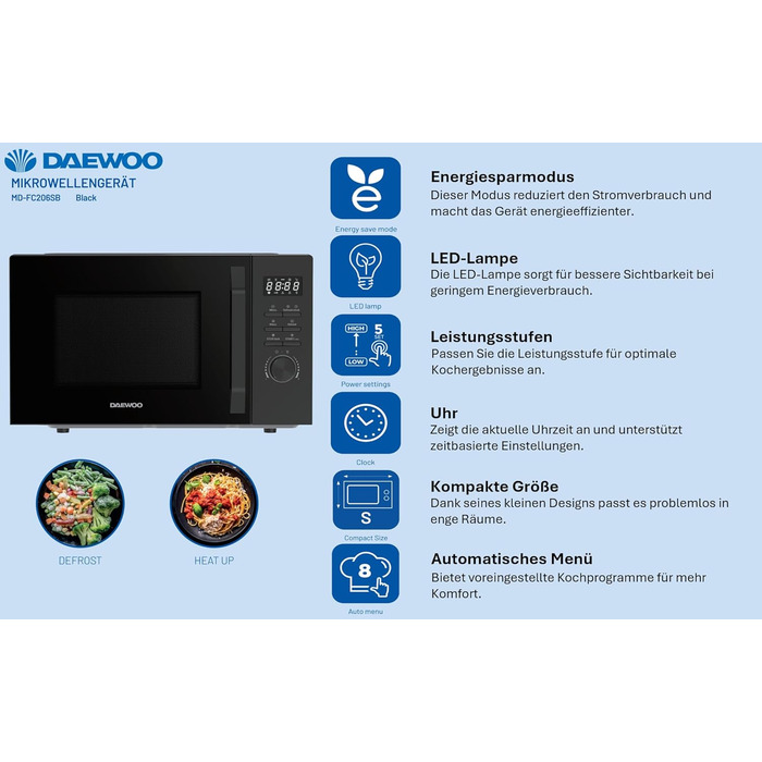 Мікрохвильова піч Daewoo MD-FC206SB 20L, 700W, чорний колір Solo