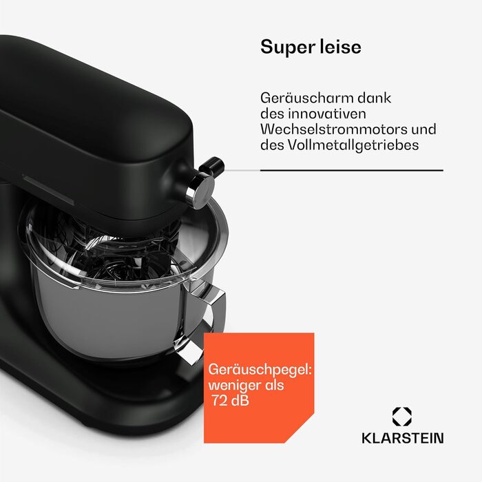 Кухонна машина Klarstein Chiara 1600W з чашею 5л з нержавіючої сталі, 12 швидкостей, LCD-дисплеєм, тиха робота ≤72 dB, набір для випічки, сумісний з посудомийною машиною, корпус з алюмінію, чорний колір