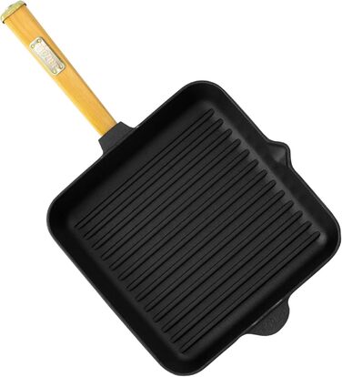 Чавунна сковорода гриль 26 см з дерев'яною ручкою для газових грилів, духовки, індукції та відкритого вогню