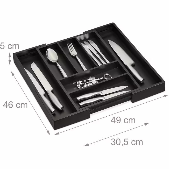 Relaxdays Extendable Cutlery Box, Bamboo, HBT: 5 x 30.5-49 x 46 cm, 5-7 Compartments, Cutlery Insert for Drawers, Black, 1 Piece