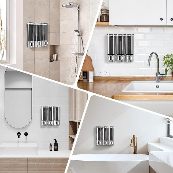 Wall-Mounted Soap Dispenser, Shampoo & Body Wash Dispenser, 3-Piece Soap Dispenser No Drilling Required, Even Liquid Dispensing, Leak-Proof Suitable for Shampoo, Body Wash, Liquid Soap, Conditioner. (Silver)