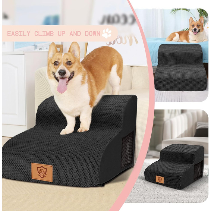 Myiosus Dog Stairs for Bed, 2-Step Foam Pet Stairs for Sofa with Removable Waterproof Cover, Non-Slip Dog Ramp Ladder for Small Dogs and Cats, 40 x 40 x 30 cm, Black