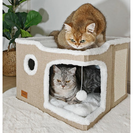 Spindro Cat Cave Cat Bed Large, Cat House Indoor Cat Sleeping Place with Removable Sherpa Cat Cushion and Hanging Toy, Cat Bed, Light Grey 42x42x33cm (2 level (42cmx42cmx33cm), Khaki)