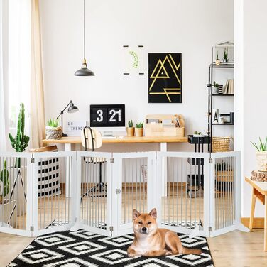 Захисне ґратка для собак COSTWAY, 6-секційне, з дверцятами, 80 см, з нержавіючої сталі та дерева, для каміну/сходи, біле