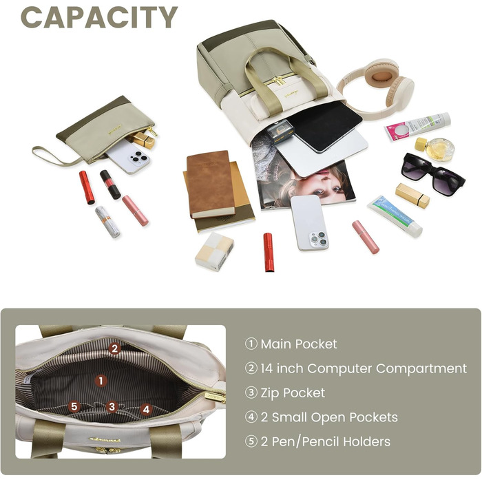 LOVEVOOK Рюкзак для жінок, великий, 15.6 дюймів, рюкзак для ноутбука, шкільний рюкзак, для підлітків, водонепроникний, сумка для роботи, сумочка 2 в 1, сумка для навчання, рюкзак для подорожей, університету, бізнесу, бежевий хакі 15.6' (13,3 дюймів, світл