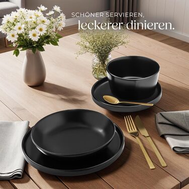 Набір посуду Tectake® для 6 осіб, 24 елементи: чорний набір посуду з кераміки, тарілки, миски, глибокі тарілки та тарілки для сніданку
