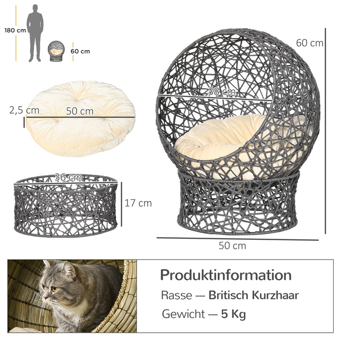PawHut Корзина для кошек, домик для кошек с подушкой, 50 x 50 x 60 см, из полиэфирного шнура, цилиндрическое основание в фиолетовом и кремово-белом цветах, уютная кошачья лежанка