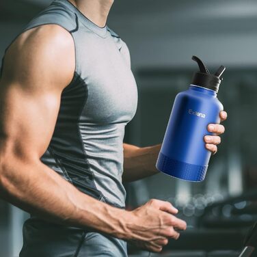 2L Stainless Steel Water Bottle with Straw, Double-Insulated 2 Liter Water Bottle with Two Lids and Protective Silicone Boot, Paracord Handle for Easy Carrying - (2000 ml, Blue)
