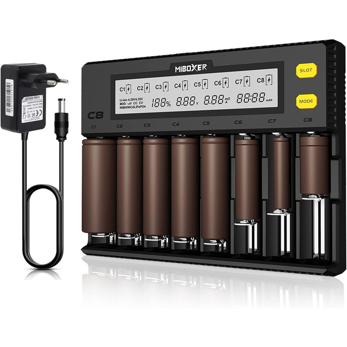 Зарядний пристрій для акумуляторів AUKSKY з LCD-дисплеєм (8 слотів) - універсальний заряд для NI-MH, NI-Cd, AA, AAA, 14500, 18350, 21700, 26650, Li-Ion, LiFePO4, RCR123A, 1.5A