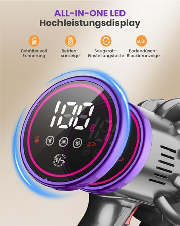 Бездротовий акумуляторний пилосос MAUOKE 45000Pa з LED-дисплеєм та V-подібною насадкою, 6-в-1 для дому, килимів, твердих поверхонь та видалення шерсті тварин