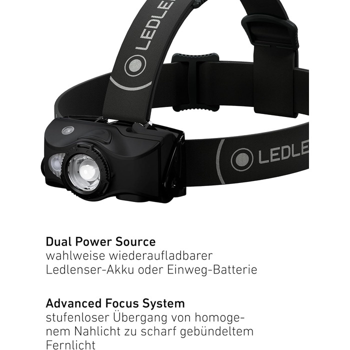 Налобний ліхтар Ledlenser MH8 600 лм, акумуляторний, LED, чорний, фокусування, до 60 годин роботи, червоне/зелене/синє світло, можливість живлення 2xAA, для полювання та риболовлі