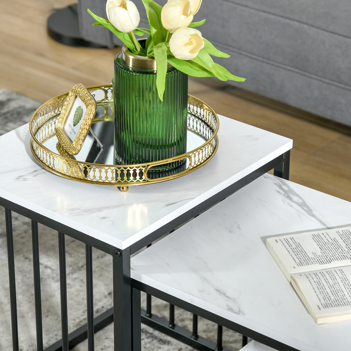 HOMCOM Set of 2 Side Tables, Coffee Table, Nesting Table, Sofa Table with Modern Design, Living Room Table with Marble Look, for Bedroom, Steel | Aosom