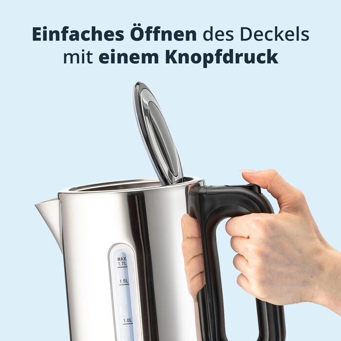 Електричний чайник KHG WK-1702 ES з нержавіючої сталі, 1,7 л, фільтр від накипу, індикатор рівня води, відкривання кнопкою, захист від сухого кипіння, автоматичне відключення, прихований нагрівальний елемент, BPA-free, 2200 Вт