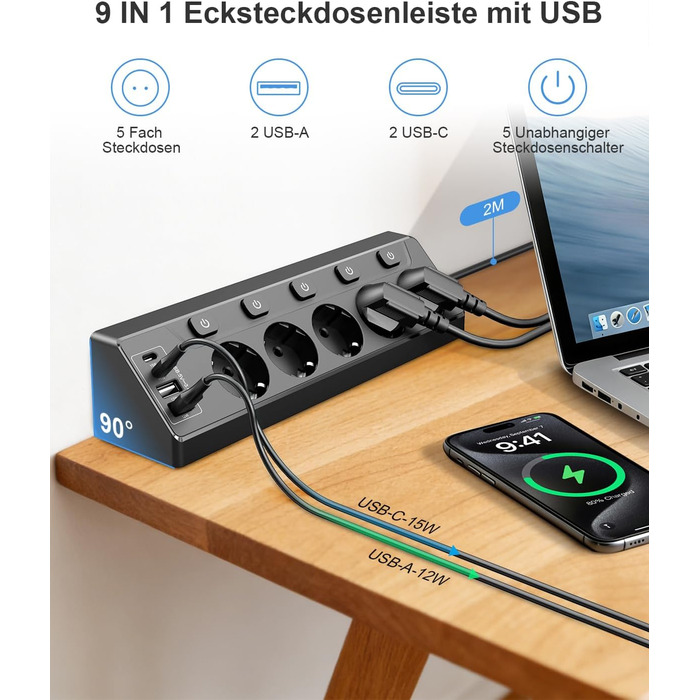 Розподільник розеток з незалежним вимикачем, мережевий фільтр з 4 USB (2 USB-C) + 5 розеток з дитячим захистом, 3680W, 2м подовжувач для кухні, офісу, дому (чорний) 5 розеток Чорний - Розподільник розеток