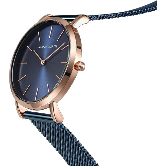Годинник жіночий Hannah Martin, кварцовий, з нержавіючої сталі, водонепроникний, сітка, ультратонкий (блакитна поверхня, блакитний ремінець)