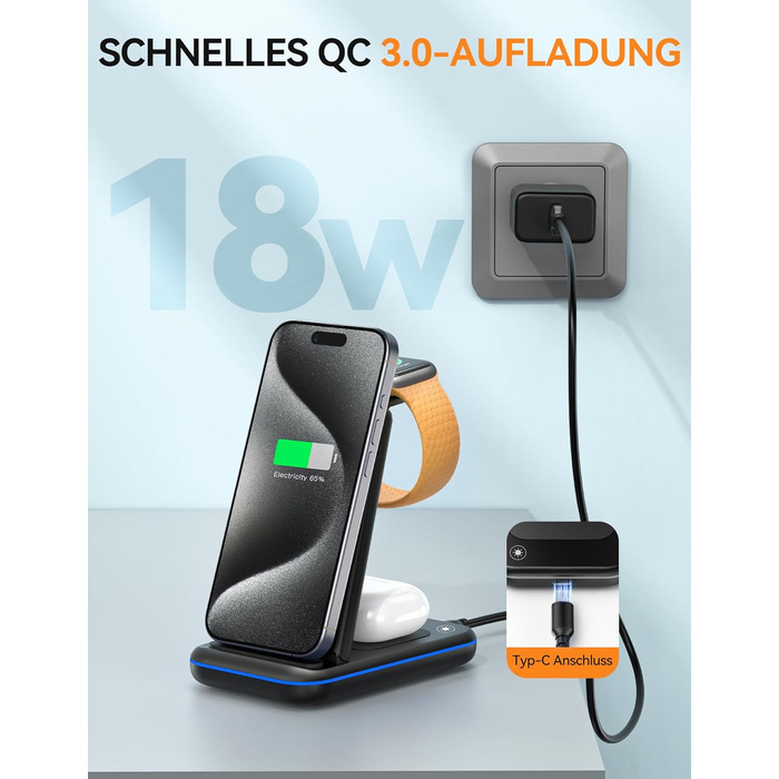 TECKNET Бездротова зарядка 3 в 1, Складна індукційна станція, Швидка зарядка для iPhone 17/16/15/14/13/12/11/Pro Max, Apple Watch Ultra/11-3/SE, AirPods Pro 3-2/4-2, Чорний