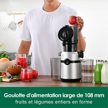 Fretta Slow Juicer with 108mm Opening & 1L Capacity, Juicer for Vegetables and Fruit - Test Winner, 200W Electric Juice Press with Cold Press, Easy Cleaning and Quiet Motor, BPA-free (Silver, 1L) 1L Silver