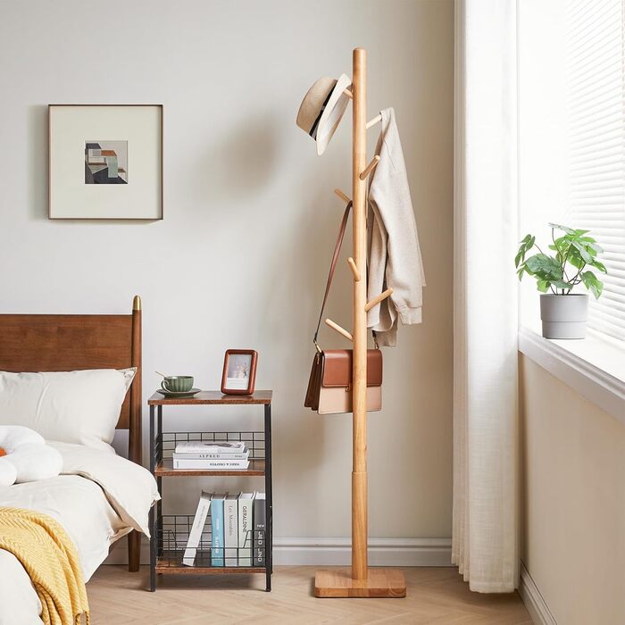YMYNY Solid Wood Wardrobe Rack, Freestanding Clothes Rack with 8 Hooks, Thickened Square Base, 3 Adjustable Heights, for Bag, Clothing, Living Room, Natural Wood Color HCR002N