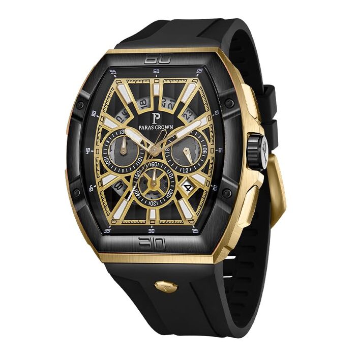 Чоловічий годинник-хронограф на кварцовому механізмі з японським годинниковим механізмом, 5ATM, корпус з нержавіючої сталі, тонка форма корпусу, силіконовий ремінець, золотий колір