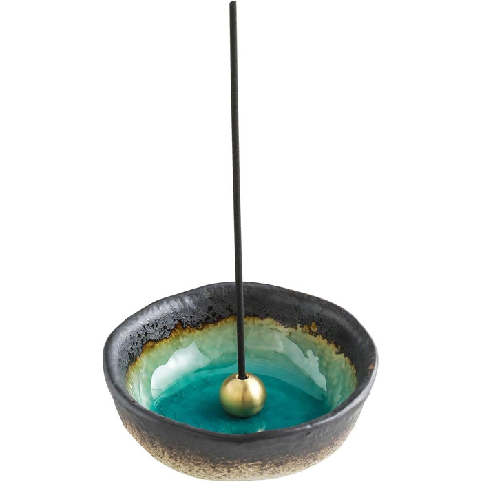 Asayu Japan Mini Incense Holder - Aquamarine - For 83 mm Incense Sticks, Made in Japan, Traditional Ceramic Ash Catcher, Includes Detachable Brass Stand - For Yoga, Meditation, and Relaxation