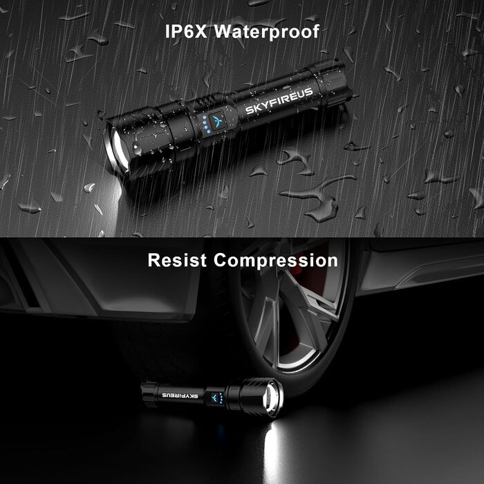 Ліхтар налобний LED Skyfire 900000 Люмен з лінзою для розпалювання вогню, USB, 4 режими яскравості, Zoom, для кемпінгу, надзвичайних ситуацій та походів, чорний