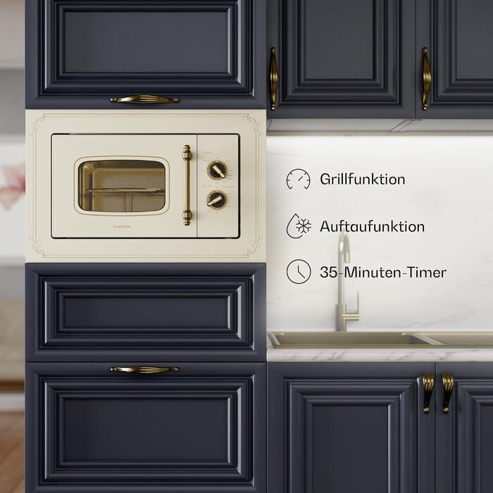 Мікрохвильова піч Klarstein Victoria 20 - вбудована, 20 л, 800 Вт, гриль 1000 Вт, нержавіюча сталь, з рамкою, кремовий колір