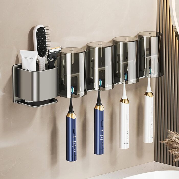 UUE Toothbrush Holder, 4 Compartments Toothbrush Holder Electric Toothbrush Holder for Toothbrushes and Rinse Cups, Stainless Steel Toothbrush Holder with 4 Cups, No Drilling, Self-Adhesive, for Bathroom