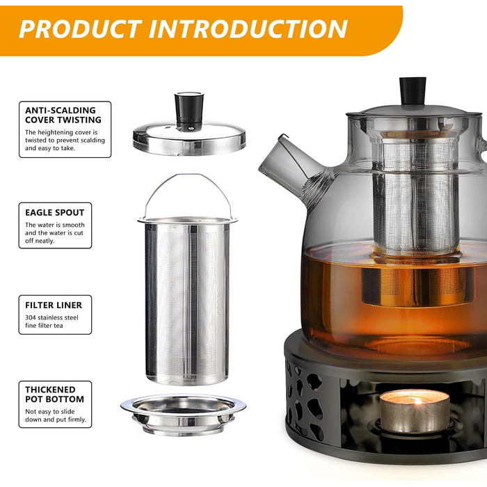 Скляний чайник для заварювання чаю 1500 мл з ситечком та підставкою-підігрівачем із нержавіючої сталі