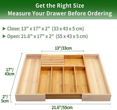 VaeFae Bamboo Cutlery Box for Drawers, Expandable Drawer Organizer Kitchen, Cutlery Insert for Drawers with Knife Block, Adjustable Wooden Cutlery Box