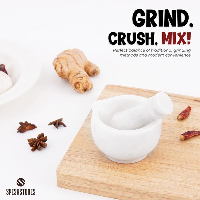 Набір ступки та пестика з мармуру, 7,6 см, ручної роботи, для кухні та декору, подрібнювач спецій та трав (білий)