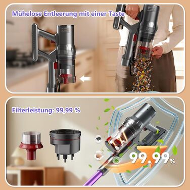 Бездротовий пилосос Hearten 4-в-1 з акумулятором, LED-дисплеєм та щіткою проти намотування, керуванням в один дотик, LED-підсвічуванням для шерсті тварин/килимів/твердих підлог, фіолетовий