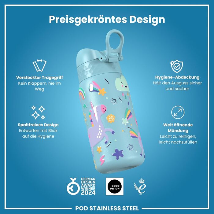 ion8 Insulated Stainless Steel Drinking Bottle 320 ml Leak-Proof One-Handed Opening Secure Locking Dishwasher Safe Flip-Top Lid Carrying Handle Easy to Clean, Durable, Unicorn (Evo, Steel, Alaskan Blue)