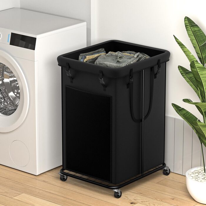 Великий кошик для білизни YKDIRECT 150 л, металевий каркас, знімні мішки, на колесах, для спальні, ванної, пральні, чорний