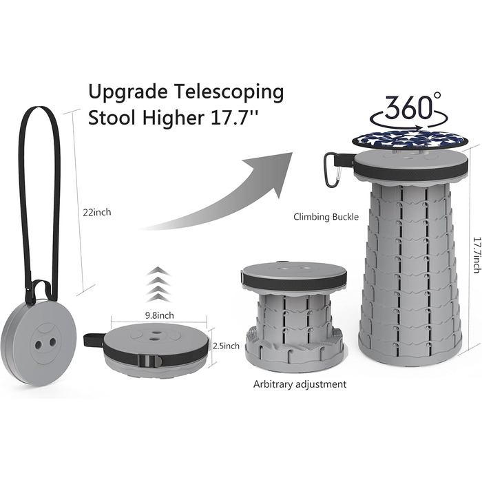 Складний туристичний стільчик Alevmoom, телескопічний, 600lbs, сірий. Ідеально для кемпінгу, риболовлі, відпочинку на природі та дому.