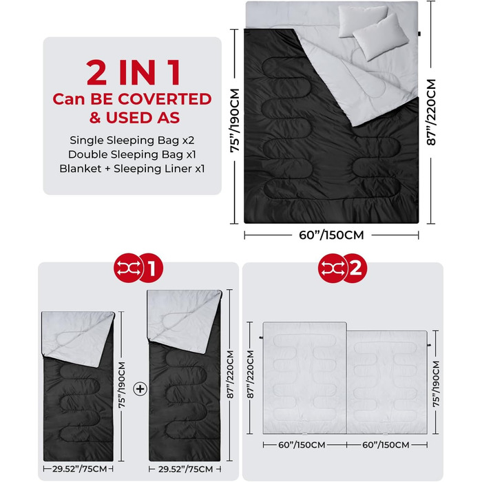 Спальний мішок на дво персони Ohuhu 220x150 см, чорний - для кемпінгу, подорожей, сім'ї та фестивалів