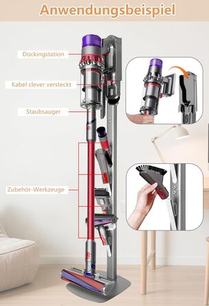 Стійка для пилососа Dyson V6-V16 (Gen5) – металева підставка з 4 гаками, настінне кріплення без свердління, срібляста
