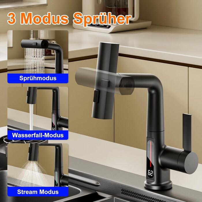 Чорний кухонний змішувач з висувною лійкою, 3 режими, LED-індикатор температури, поворотний на 360°, для високого тиску, регульована висота