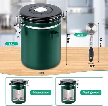 Герметичний контейнер для кави з нержавіючої сталі 1.8L з випускним клапаном, 1.8 л, Vorratsdose для кавових зерен, горіхів, какао