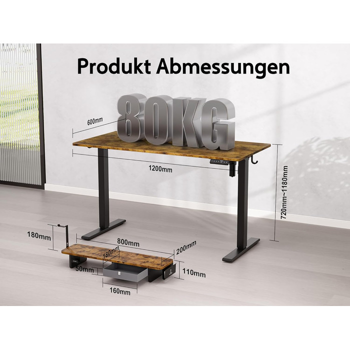 Electric Standing Desk with Drawers - Adjustable Height Desk for Home Office & Business | 120x60cm Rustic Brown