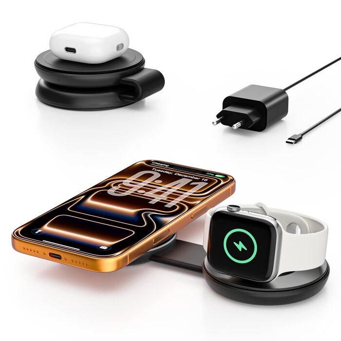 Бездротовий зарядний пристрій 2-в-1 Qi2 25W з MagSafe для iPhone 15/14/13/12, Apple Watch, AirPods + Блок живлення 30W (Чорний)